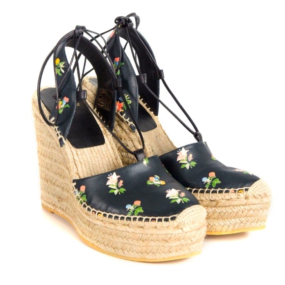 Saint Laurent YSL Floral Black Leather Ankle Wrap Espadrille Wedge Heel EU 40 - Picture 2 of 9